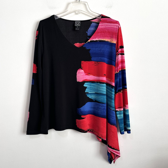 Clara Sun Woo Paint Stroke Tunic Top 1X Plus Asymmetric Hem Long Sleeve Art Knit - Picture 1 of 10